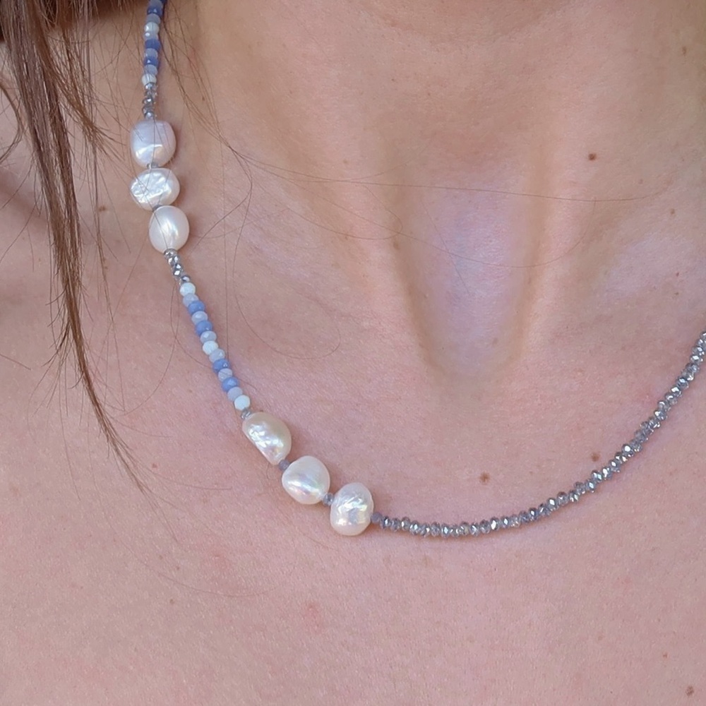 Handmade Freshwater Pearl & Genuine Crystal Necklace | Blue Accent | Gold Toggle - Picture 2 of 6